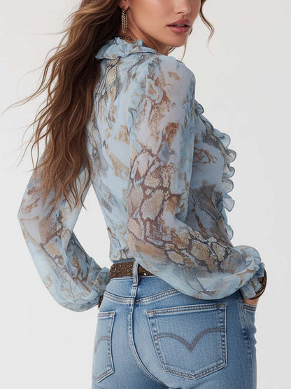 Blouse met Ruches en Rits Voorzijde in Blauw Bedrukte Stof