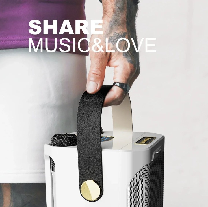 Draagbare Karaoke Bluetoothluidspreker met Twee Draadloze Microfoons en 360° Surround Sound voor Feesten en Samenkomsten