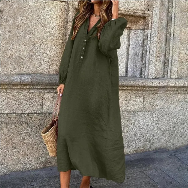 Katoenen Jurk V-Hals Comfortabel Linnen Zomerjurk