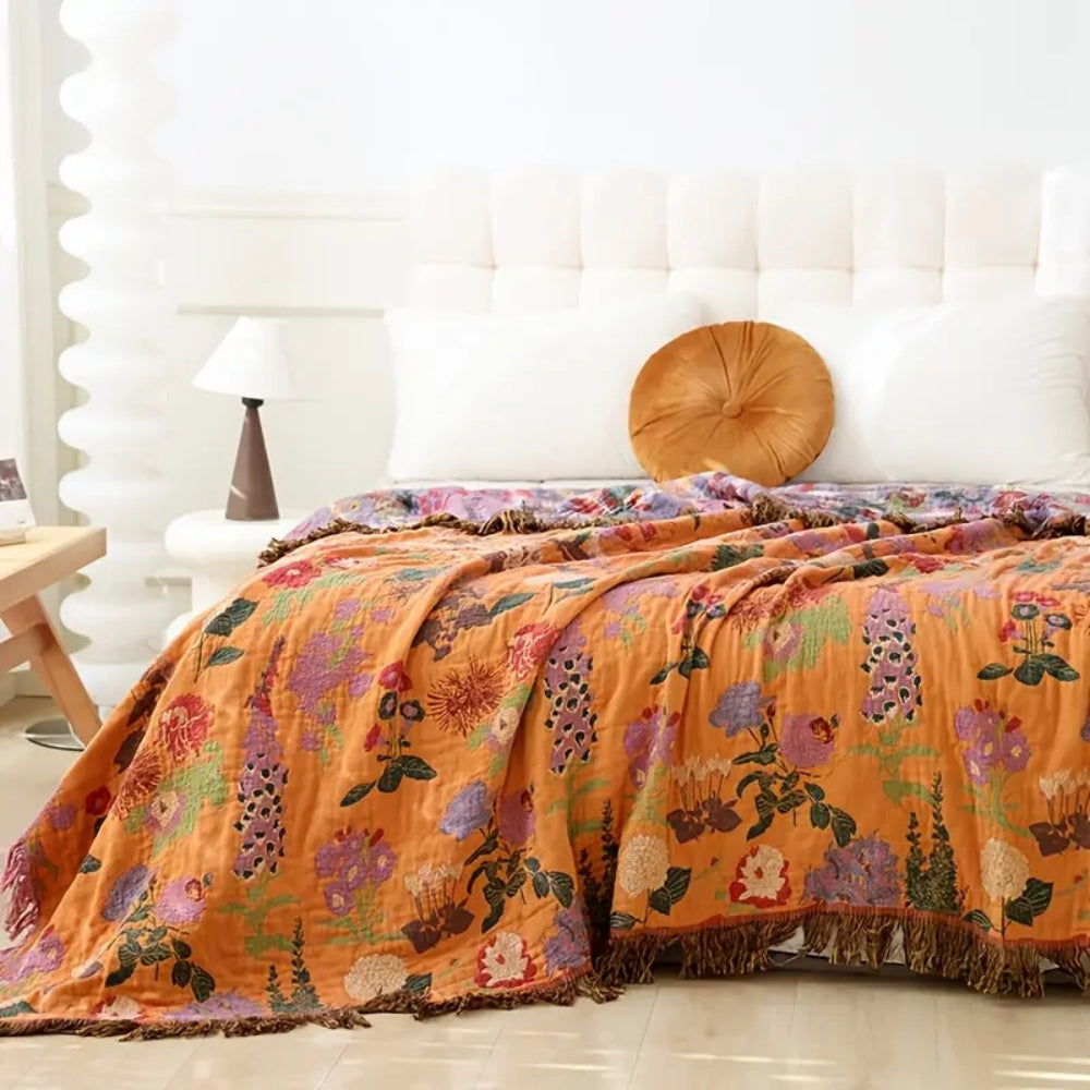 Botanische Katoenen Plaid met Kwasten – Gebloemde Jacquardweving Omkeerbaar Bedsprei Bankkleed Fauteuil Deken voor Alle Seizoenen