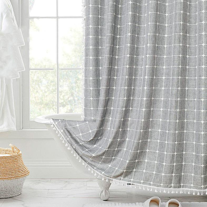 Douchegordijn Linnen Bohemian Waterproof Kwastjes 180x200cm Badkamer Beige Geruit