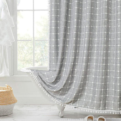 Douchegordijn Linnen Bohemian Waterproof Kwastjes 180x200cm Badkamer Beige Geruit