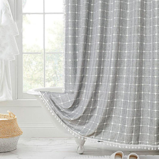 Douchegordijn Linnen Bohemian Waterproof Kwastjes 180x200cm Badkamer Beige Geruit