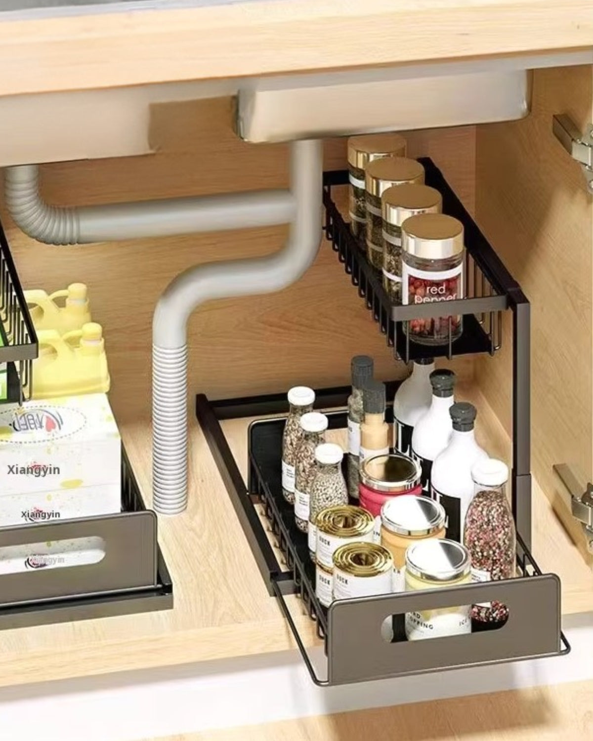Uitschuifbare Kast Organizer Onder Wastafel Zwart Wit Twee Niveaus Keuken Badkamer Opbergsysteem Schoonmaakspullen Toiletartikelen