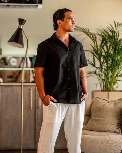 Heren Zomer Shirt Linnen Korte Mouwen met Borstzak