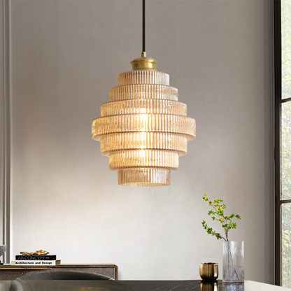 Hanglamp Glas Geribbeld Messing Gelaagd Woonkamer Eettafel Sfeerverlichting Vintage Design