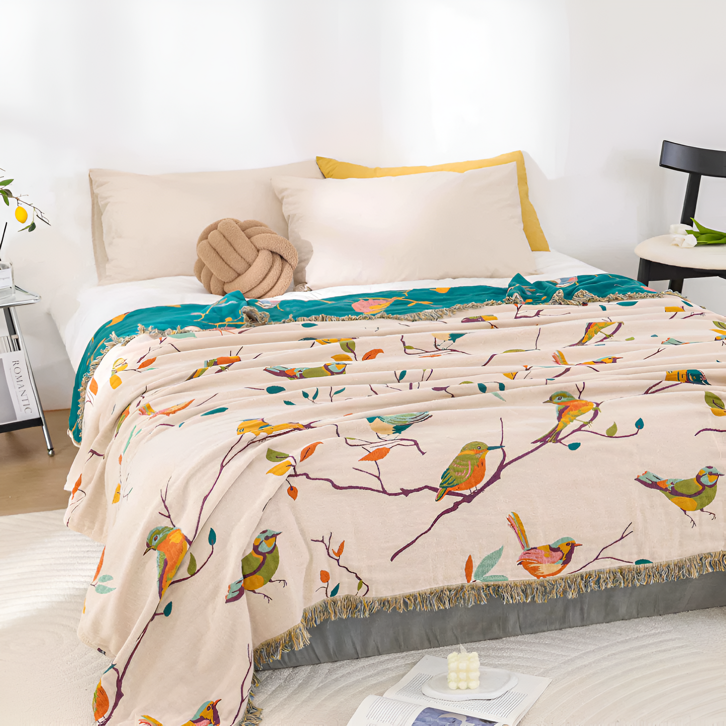 Katoenen Plaid met Vogelmotief en Kwastjes – Vintage Boho Stijl Deken voor Bank, Bed of Picknick