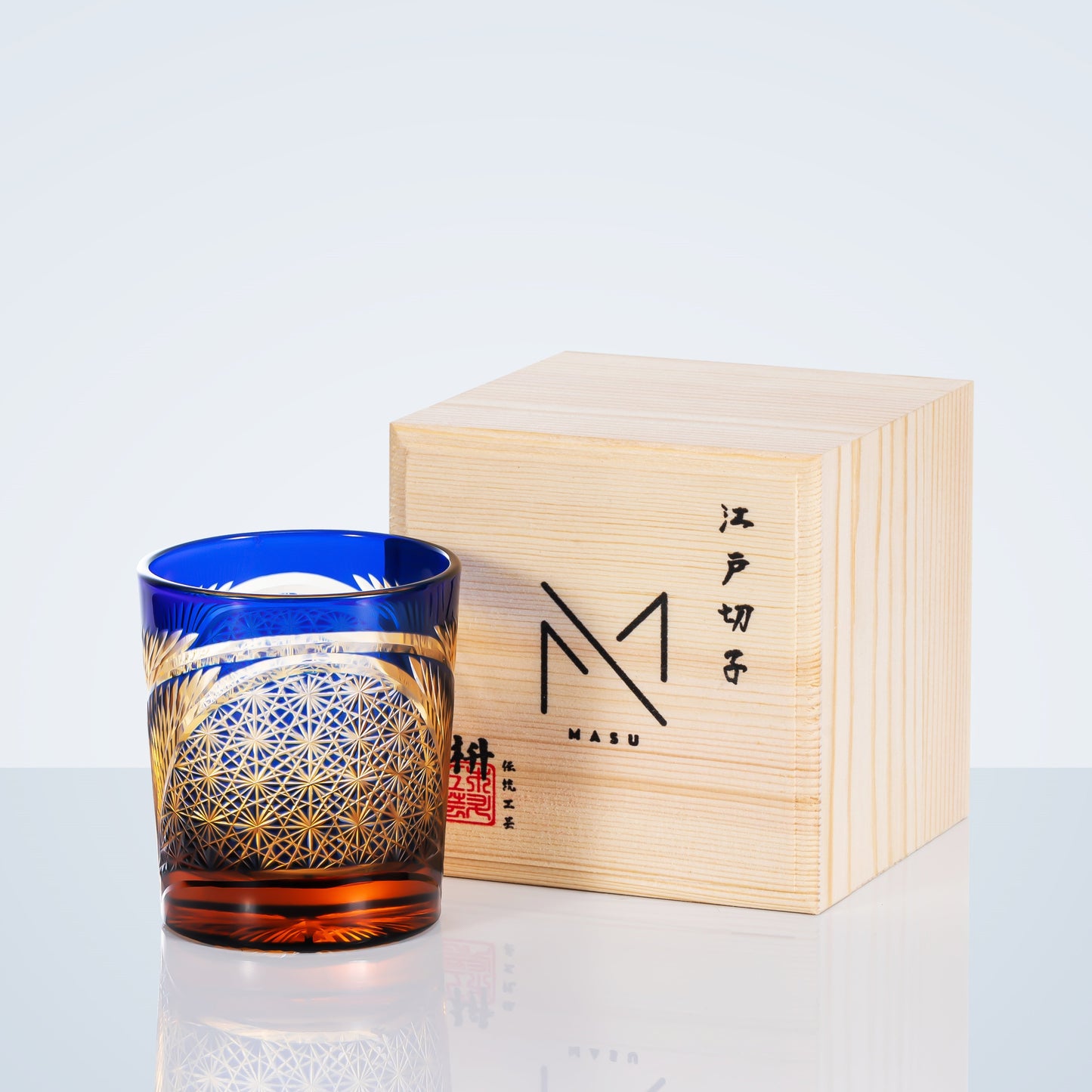 Whiskeyglas Edo Kiriko Kraanvogelveer Amber Handgemaakt Japans Kristal Houten Doos