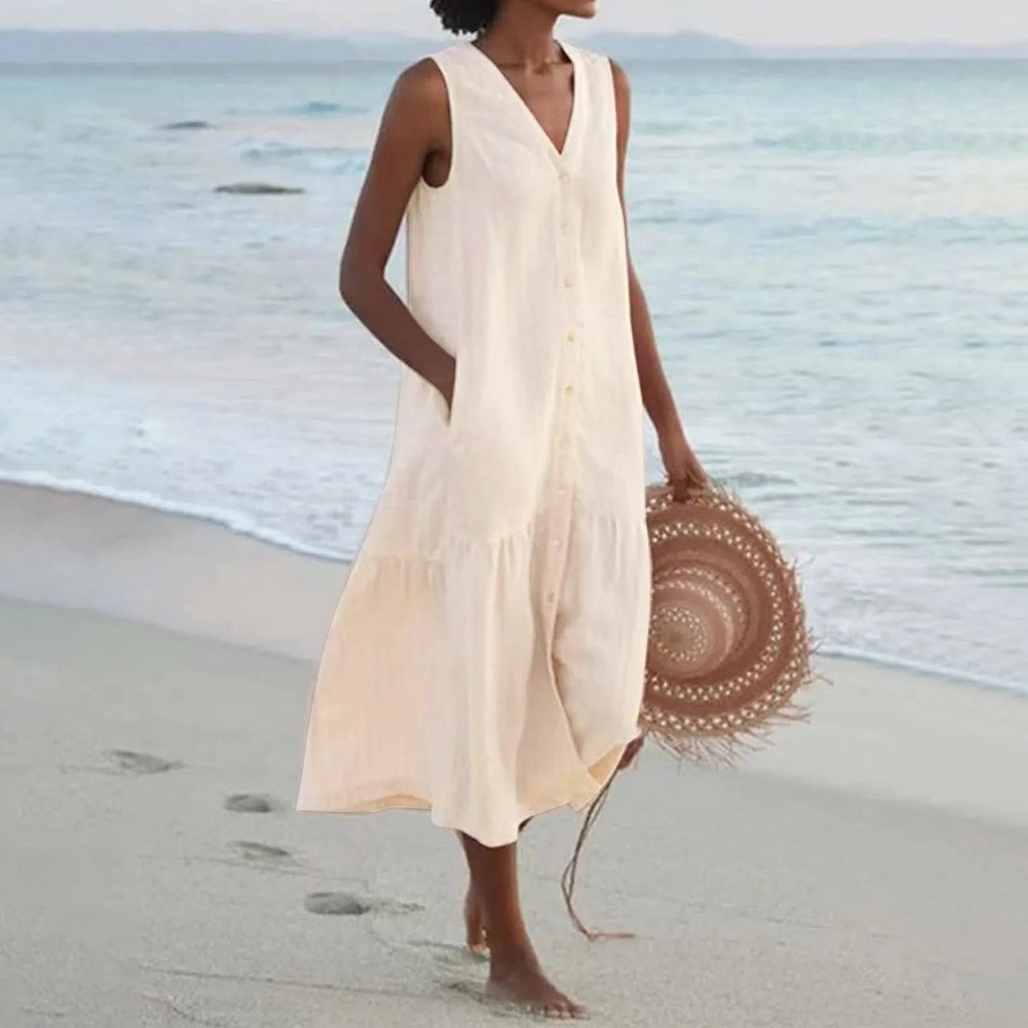 Linnen Jurk V-Hals Zomerjurk Luchtig en Stylish