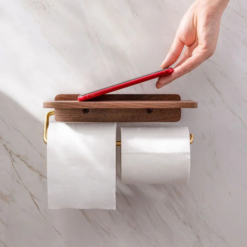 Toiletrolhouder Hout Walnoot Wandmontage Bruin Met Plank Badkamer Toilet Papierhouder Wandrek Minimalistisch Interieur