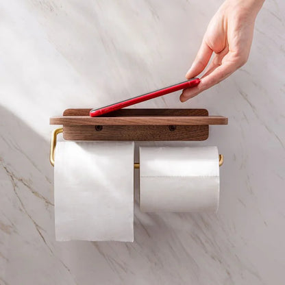 Toiletrolhouder Hout Walnoot Wandmontage Bruin Met Plank Badkamer Toilet Papierhouder Wandrek Minimalistisch Interieur