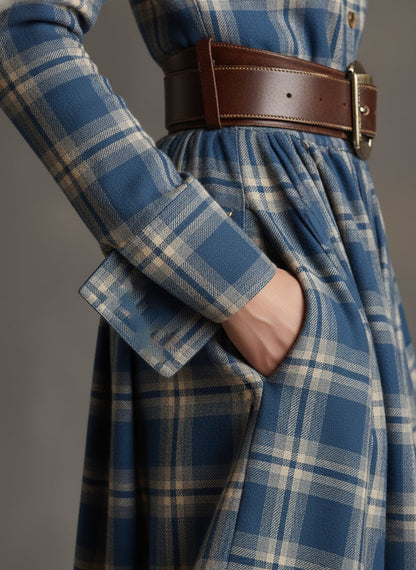 Dames Maxi Jurk Roodbruin Ruitpatroon met Ceintuur en Reverskraag
