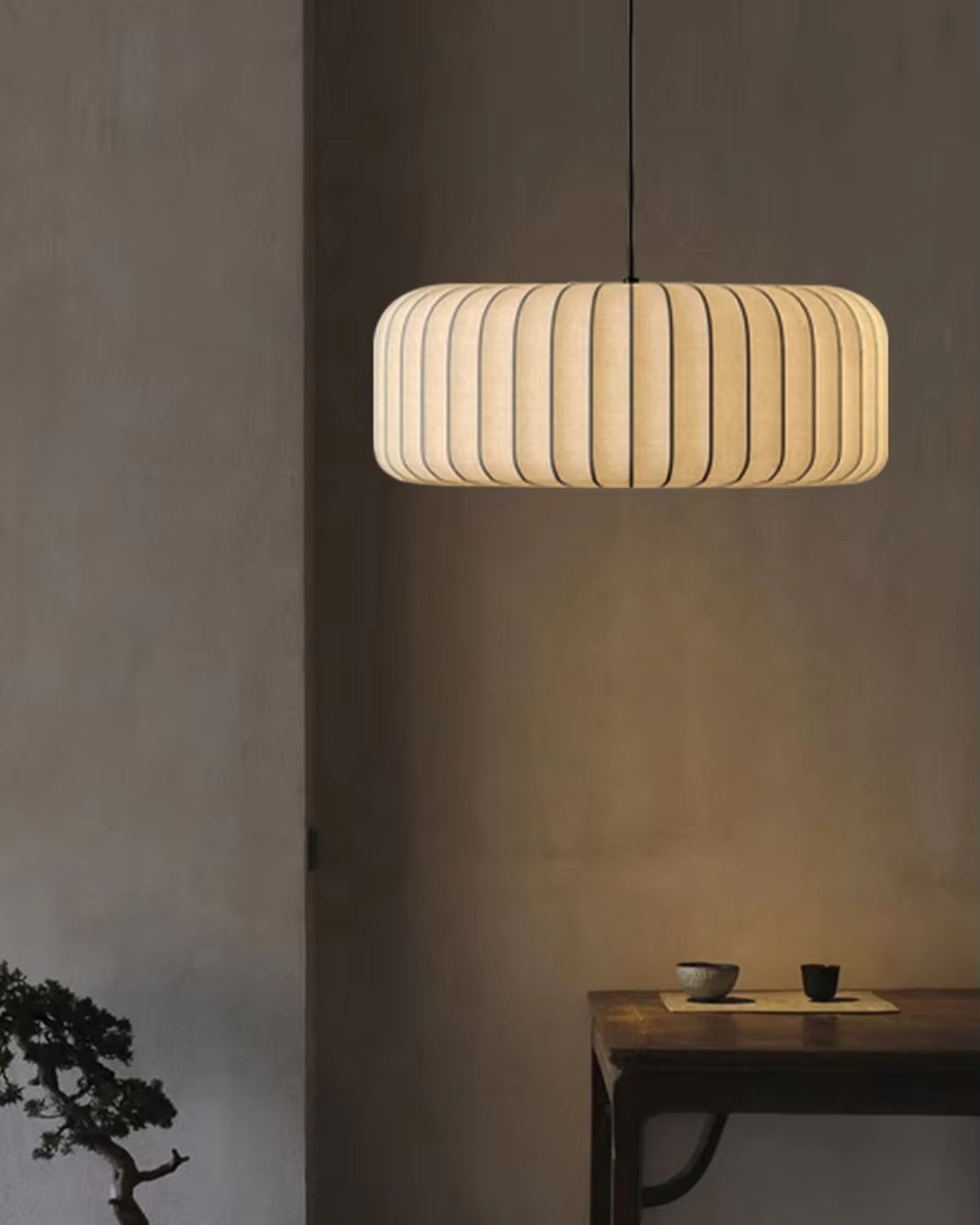 Moderne hanglamp met stoffen lampenkap – minimalistische design plafondlamp in stretchstof voor eetkamer en woonkamer