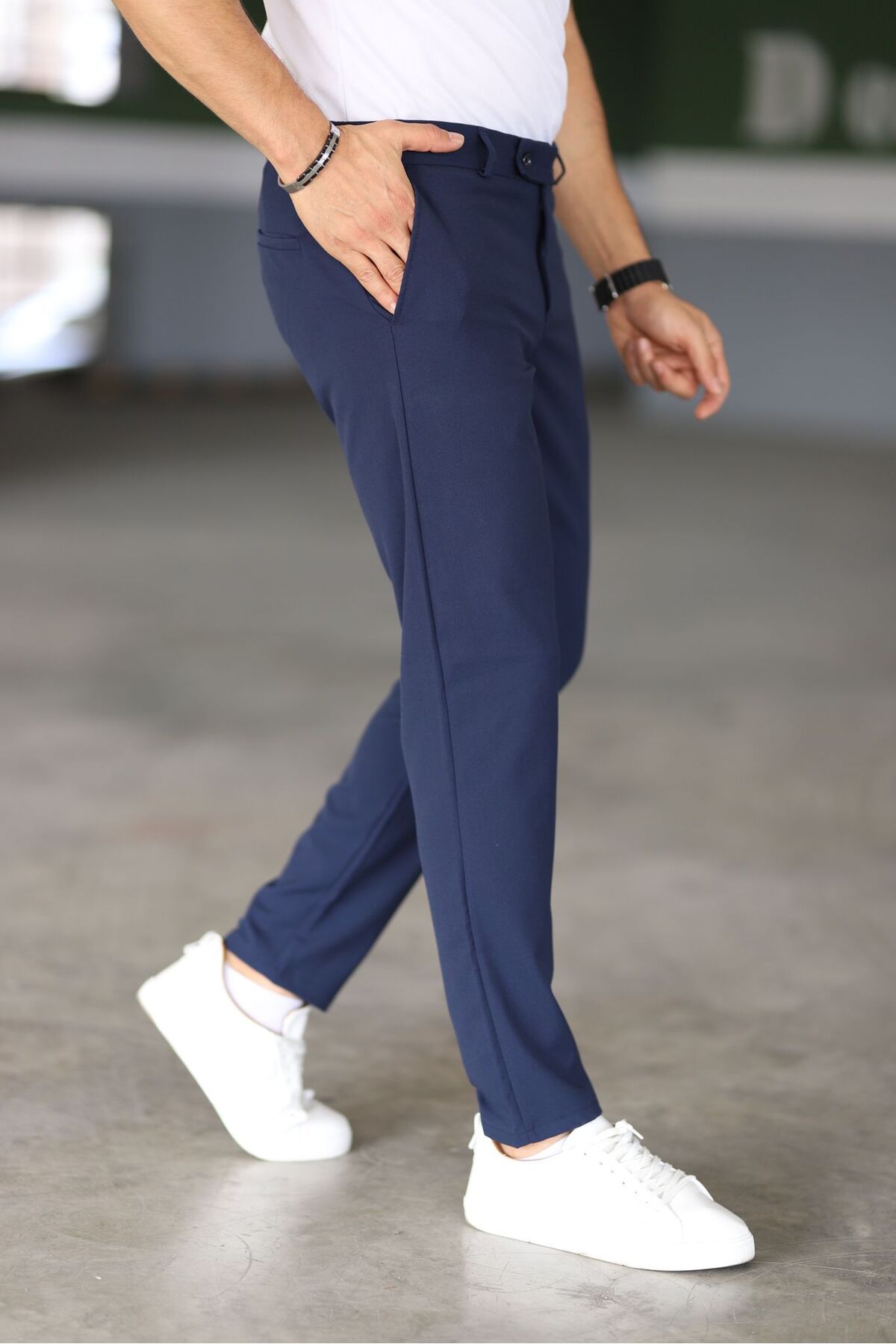 Donkerblauwe Chino Broek Mannen Slim Fit Model
