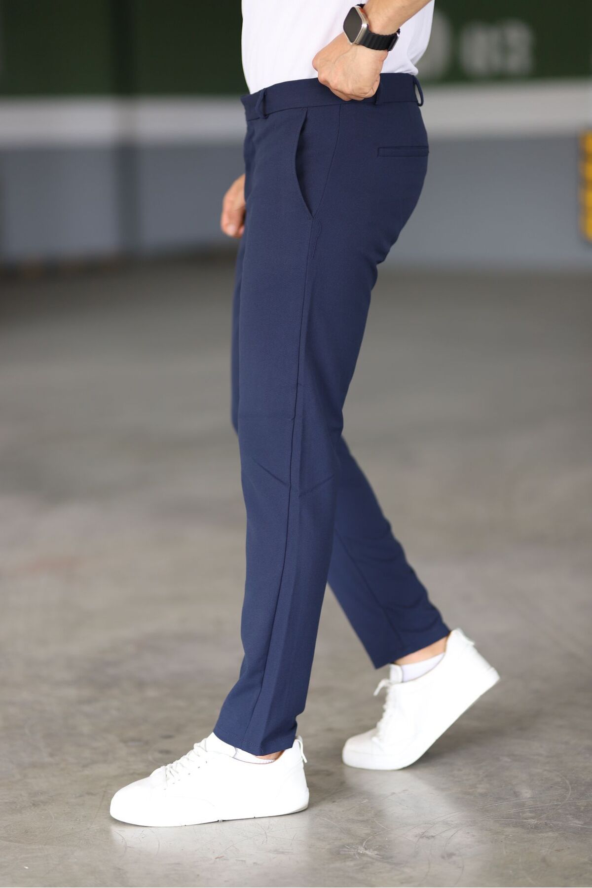 Donkerblauwe Chino Broek Mannen Slim Fit Model