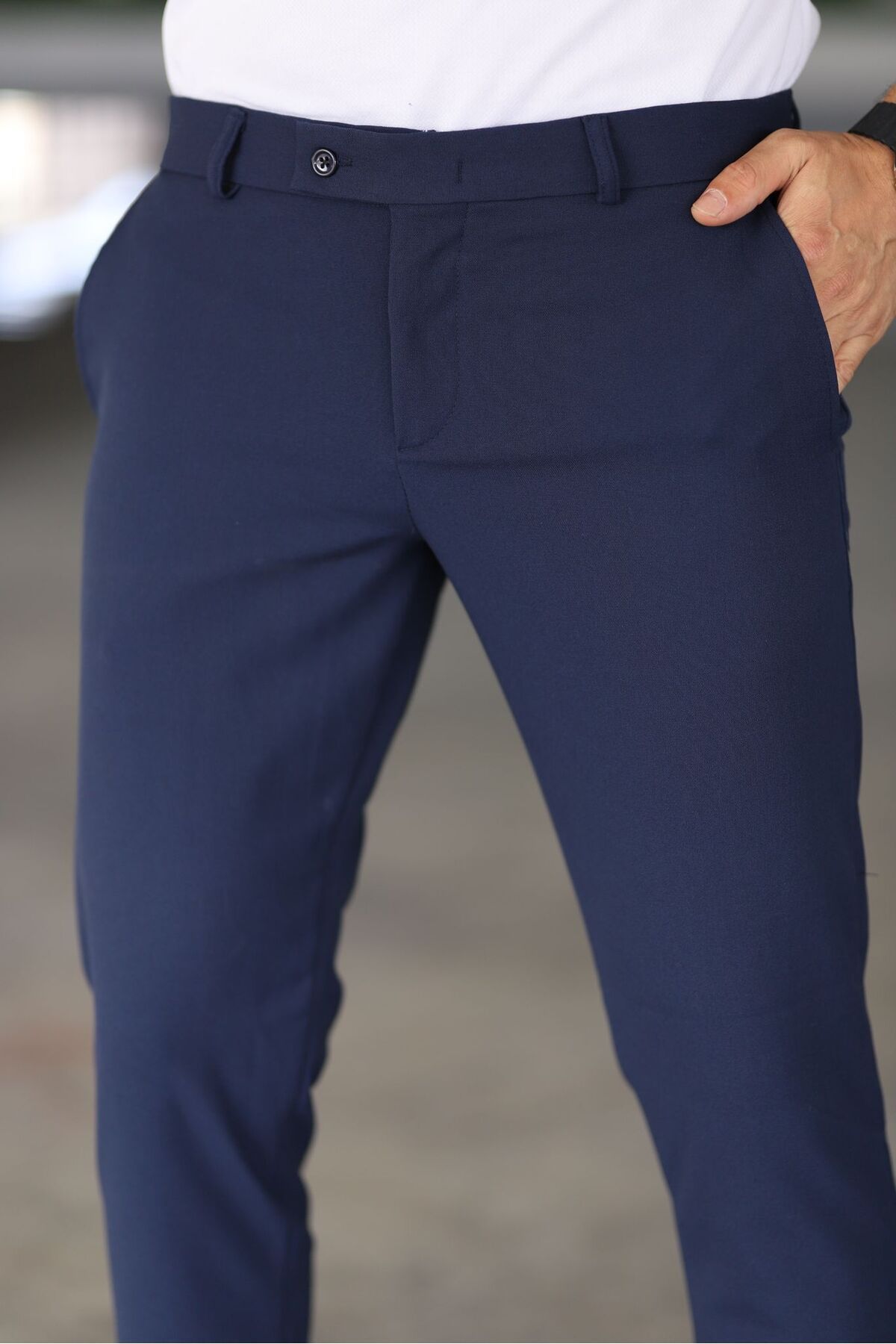 Donkerblauwe Chino Broek Mannen Slim Fit Model