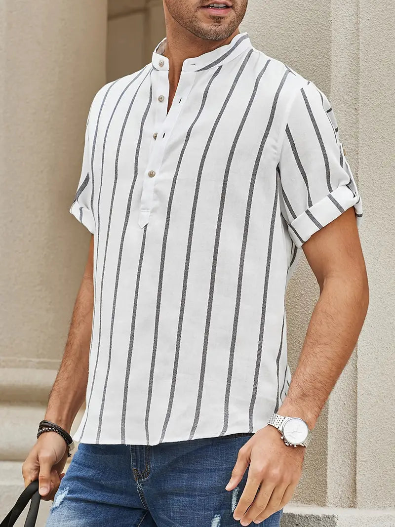 Mannen Zomerhemd Korte Mouwen Strepen Henley Stijl