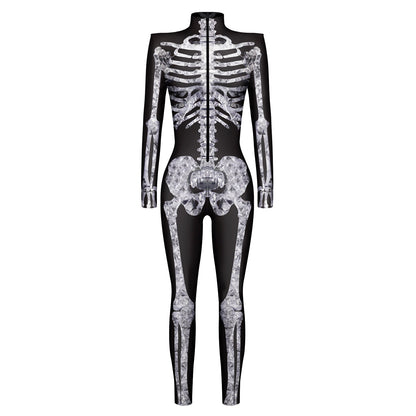 Zwarte Halloween Jumpsuit Dames Schedel Catsuit Costuum