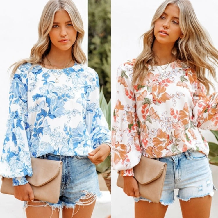 Dames Top Bloemenprint Pofmouwen Stijlvolle Blouse