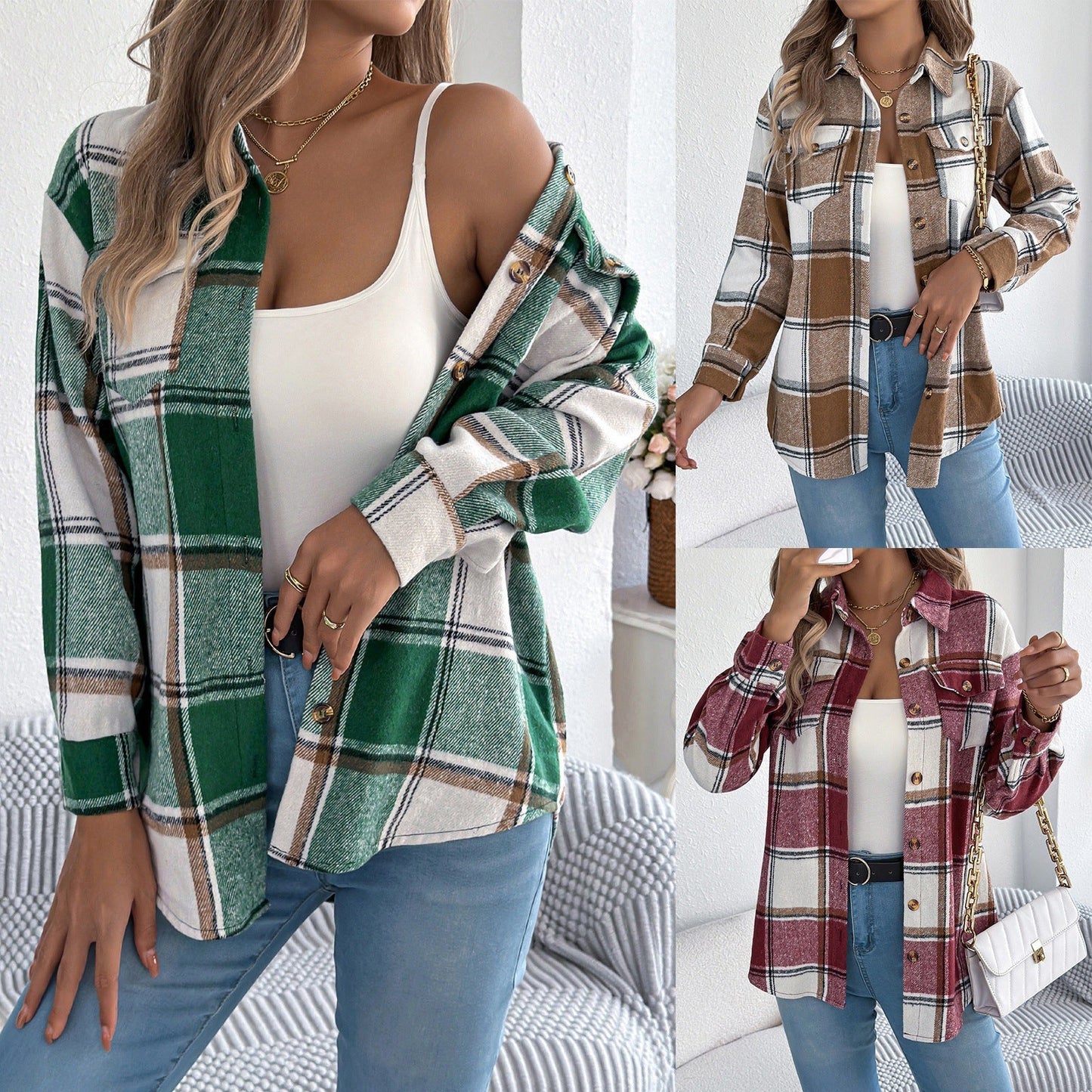 Dames Overshirt Geruit met Zakken en Knopen Casual Kleding