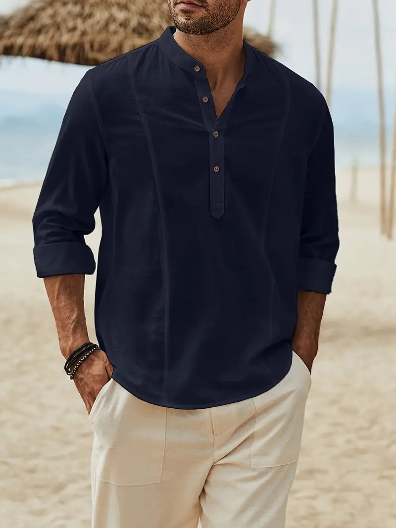 Strandshirt Lichtblauw Relaxed Fit met Staande Kraag