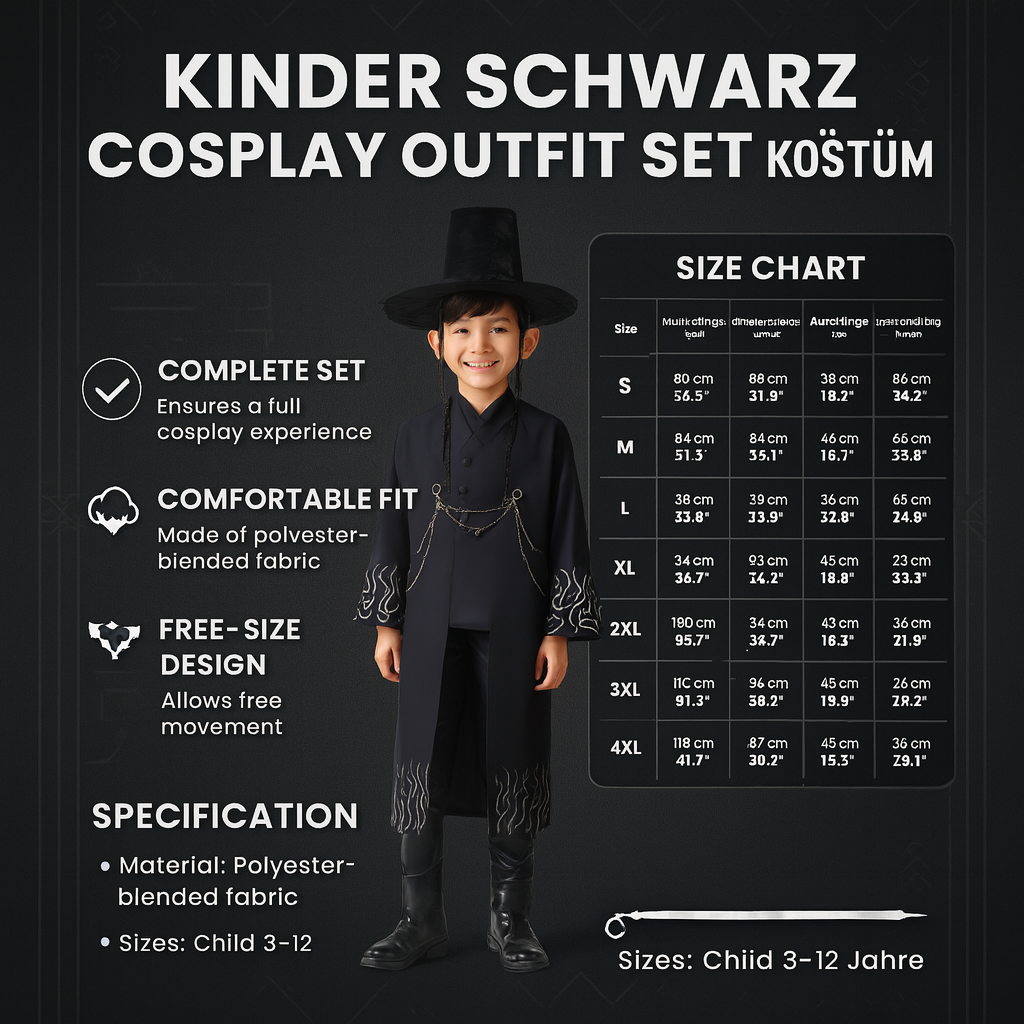 Driedelig Kinderkostuum Zwart voor Themafeesten en Cosplay