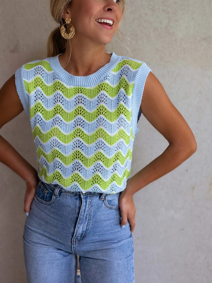 Dames Mouwloos Kabelgebreid Vest Met Contrasterende Halslijn - StudioMarella