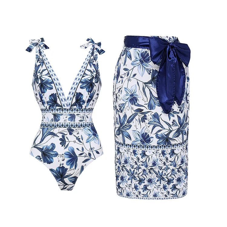 Vrouwelijk Badpak met Rok en Sarong Set