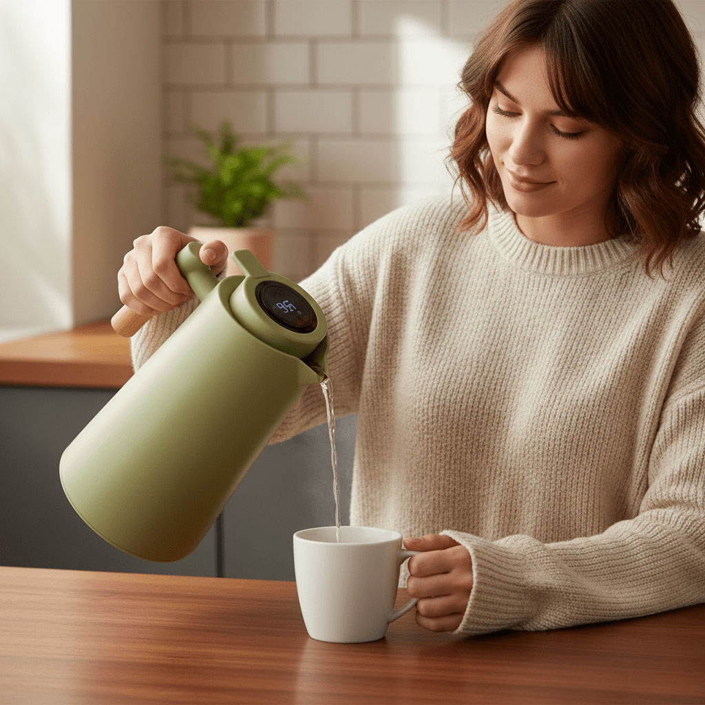 Thermosfles met Temperatuurdisplay – Dubbelwandig RVS & Houten Handvat 1L