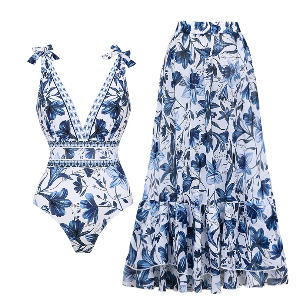 Vrouwelijk Badpak met Rok en Sarong Set
