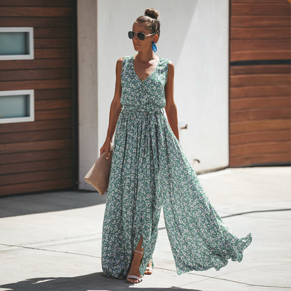 Mouwloze Maxijurk Zomer Bloemenprint Elegant Jurk
