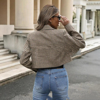 Dames Blazer Geruit Jacket Kort Model Stijlvol