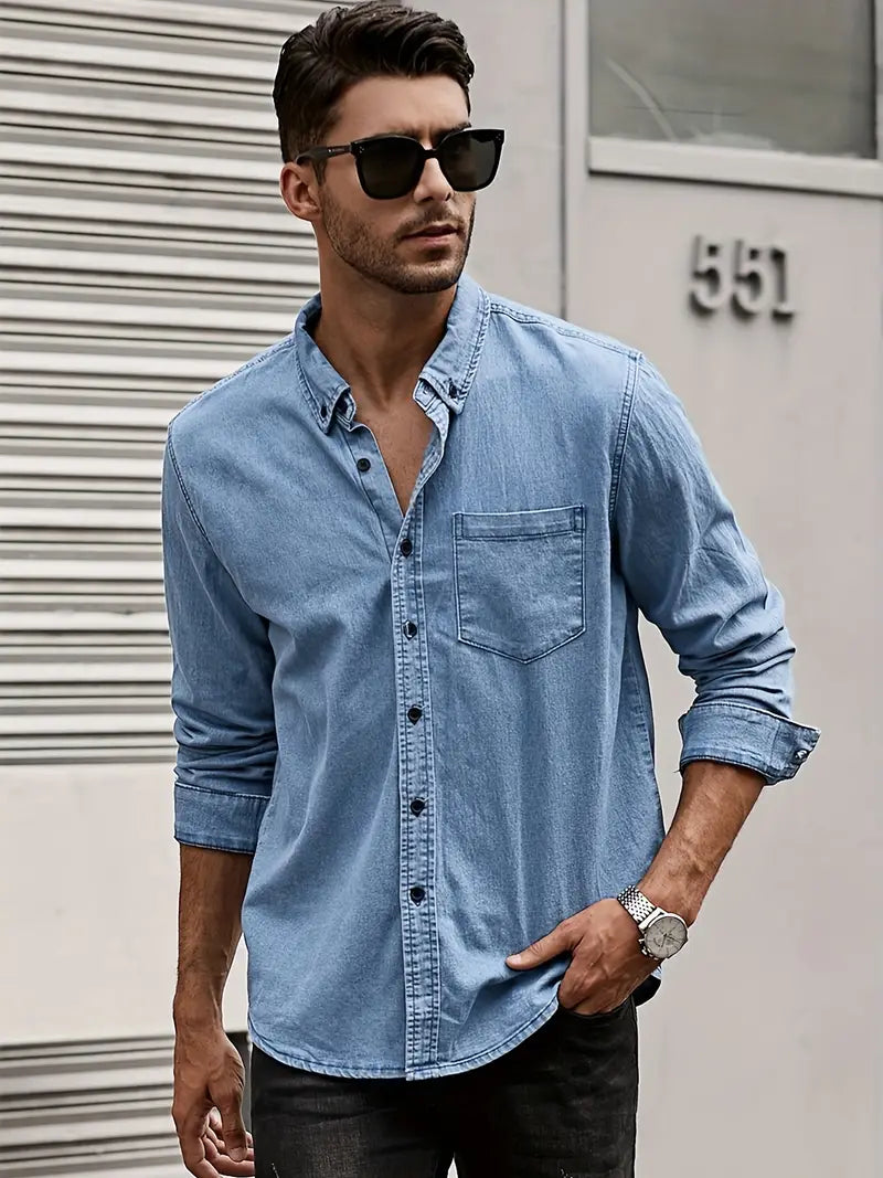 Klassieke Blauwe Denim Shirt Lange Mouwen Casual Stijl - StudioMarella