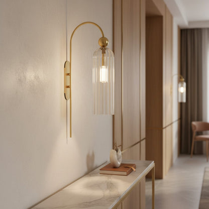 Geribbelde Glazen Wandlamp Cilindervorm met Gouden Fitting voor Gang, Slaapkamer, Woonkamer
