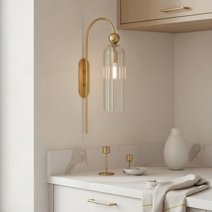 Geribbelde Glazen Wandlamp Cilindervorm met Gouden Fitting voor Gang, Slaapkamer, Woonkamer
