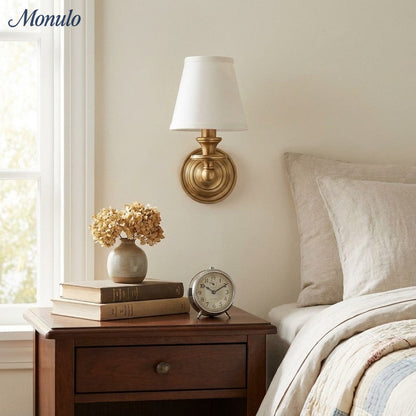 Wandlamp met stoffen kap en zwanenhalsarm – smeedijzeren armatuur met verstelbare leeslamp