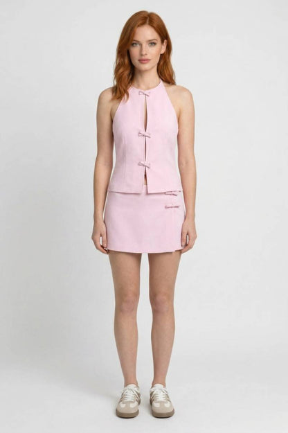 2-Delige Set Dames - Halter Top met Mini Rok | Knoopjes — Roze