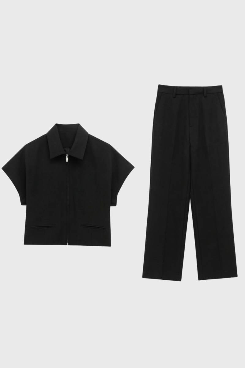 2-Delige Set Dames - Korte Jas met Wijde Broek | Modern — Zwart