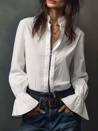 Dames Blouse Wit met Volant Mouwen en Ritssluiting