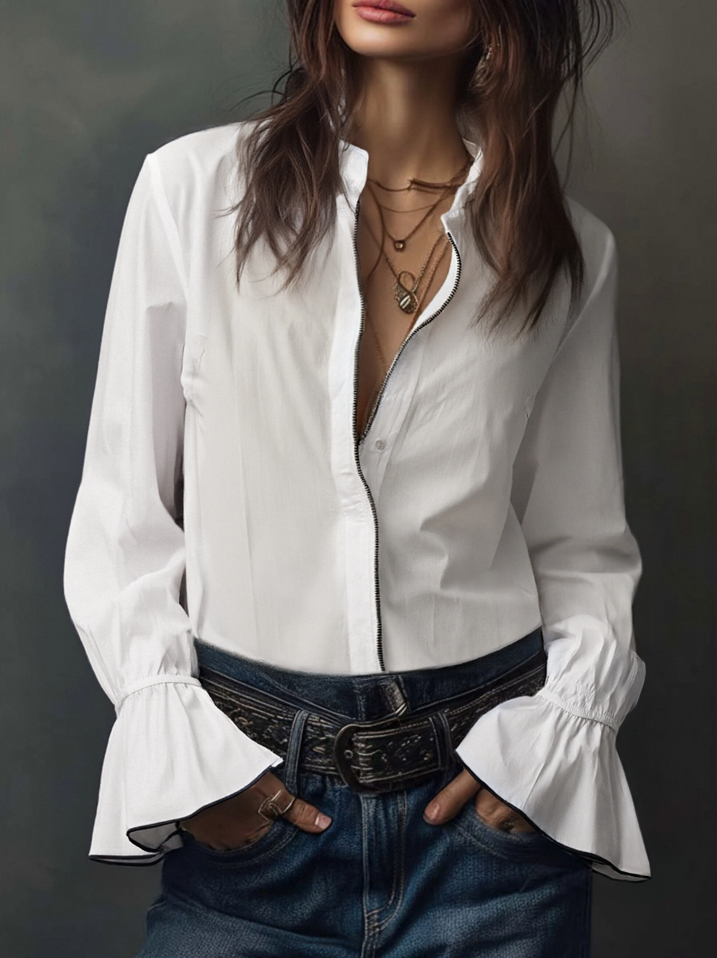 Dames Blouse Wit met Volant Mouwen en Ritssluiting