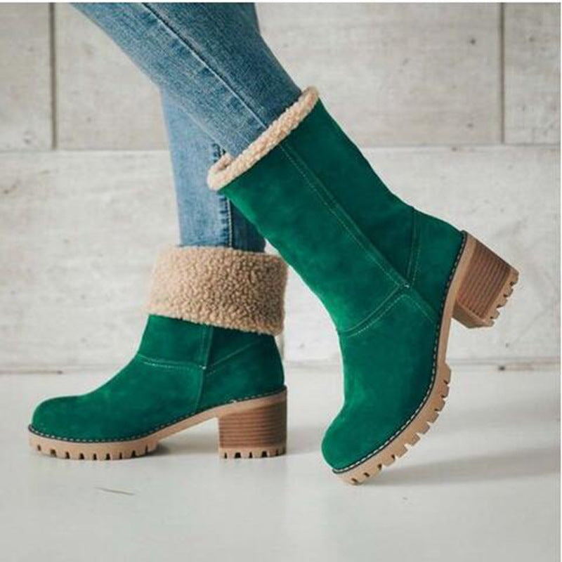 Winterlaarzen Dames met Lage Blokhak Comfortabel Antislip Warme Voering Stretch Zwart Groen Rood Elegante Laarzen