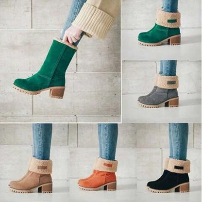 Winterlaarzen Dames met Lage Blokhak Comfortabel Antislip Warme Voering Stretch Zwart Groen Rood Elegante Laarzen
