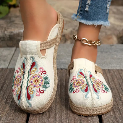 Dames Leer Schoenen Bloemenpatroon Platte Zool