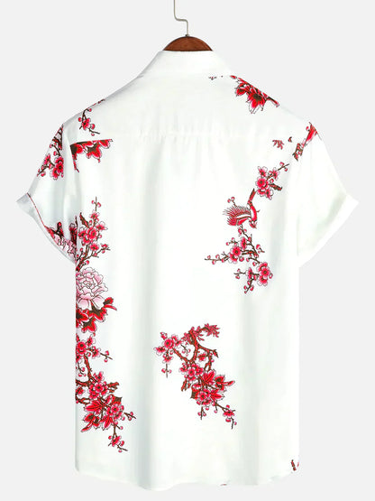 Mannen Zomeroverhemd Wit Korte Mouwen Bloemenprint