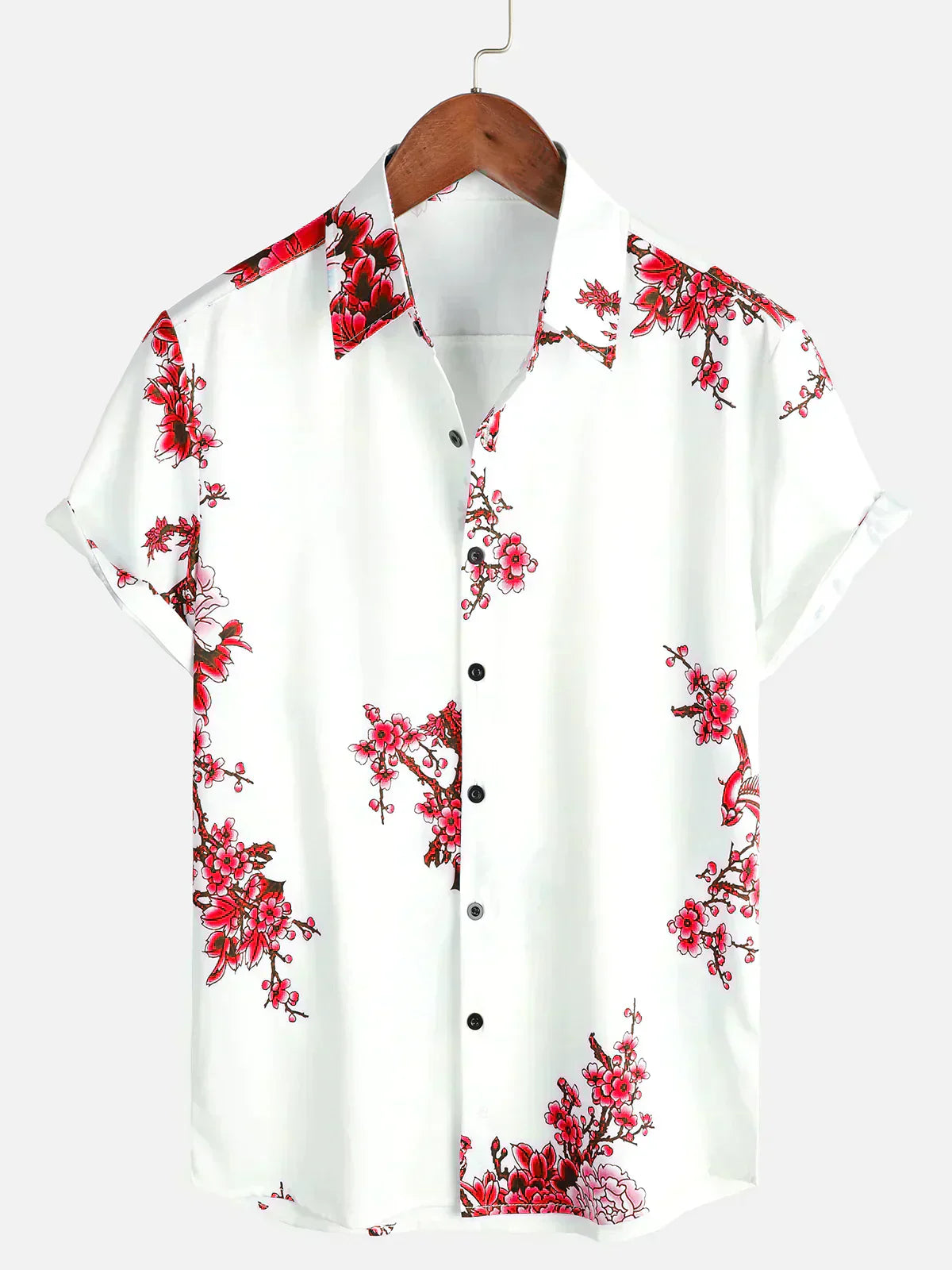 Mannen Zomeroverhemd Wit Korte Mouwen Bloemenprint