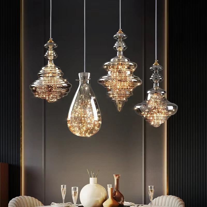Grijze glazen hanglamp met sterrenhemel-effect voor eetkamer, bar of keukeneiland
