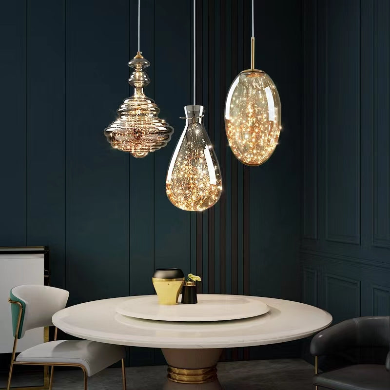 Grijze glazen hanglamp met sterrenhemel-effect voor eetkamer, bar of keukeneiland