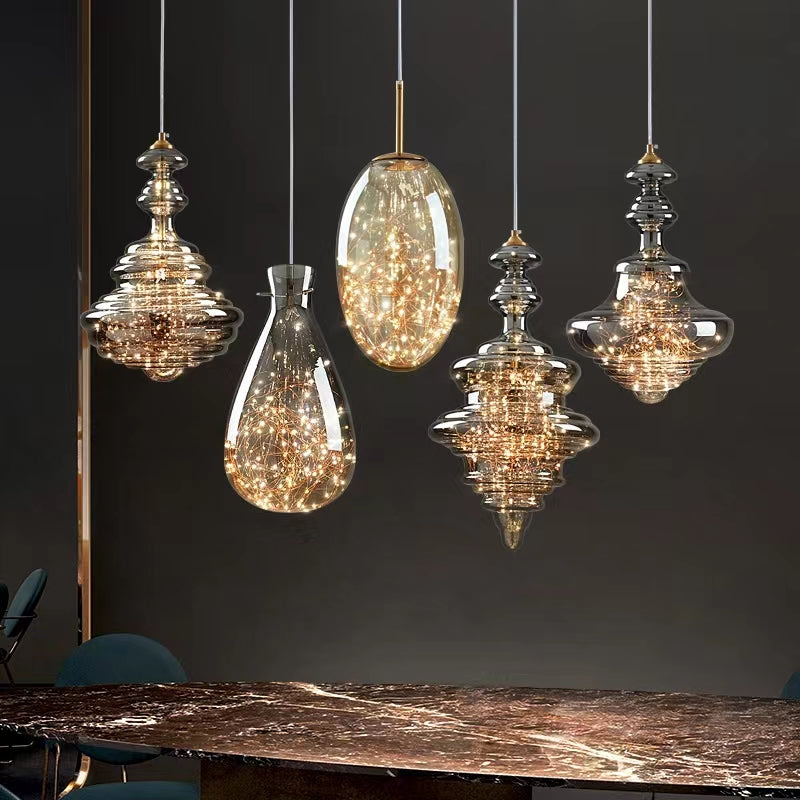 Grijze glazen hanglamp met sterrenhemel-effect voor eetkamer, bar of keukeneiland
