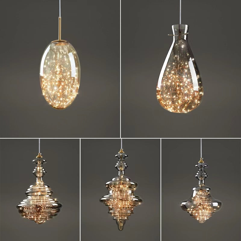 Grijze glazen hanglamp met sterrenhemel-effect voor eetkamer, bar of keukeneiland