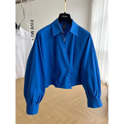 Blauw Kort Shirt Dames Lange Mouwen Zomer Lente - StudioMarella